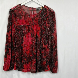 Figueroa & Flower Womens Blouse Red/Black PL Sheer Lined Keyhole Sparkly NWT